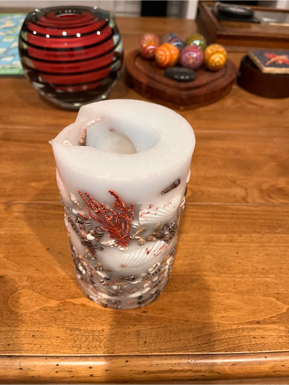 Coastal Shell-Embedded White Pillar Candle - Picture 3 of 3